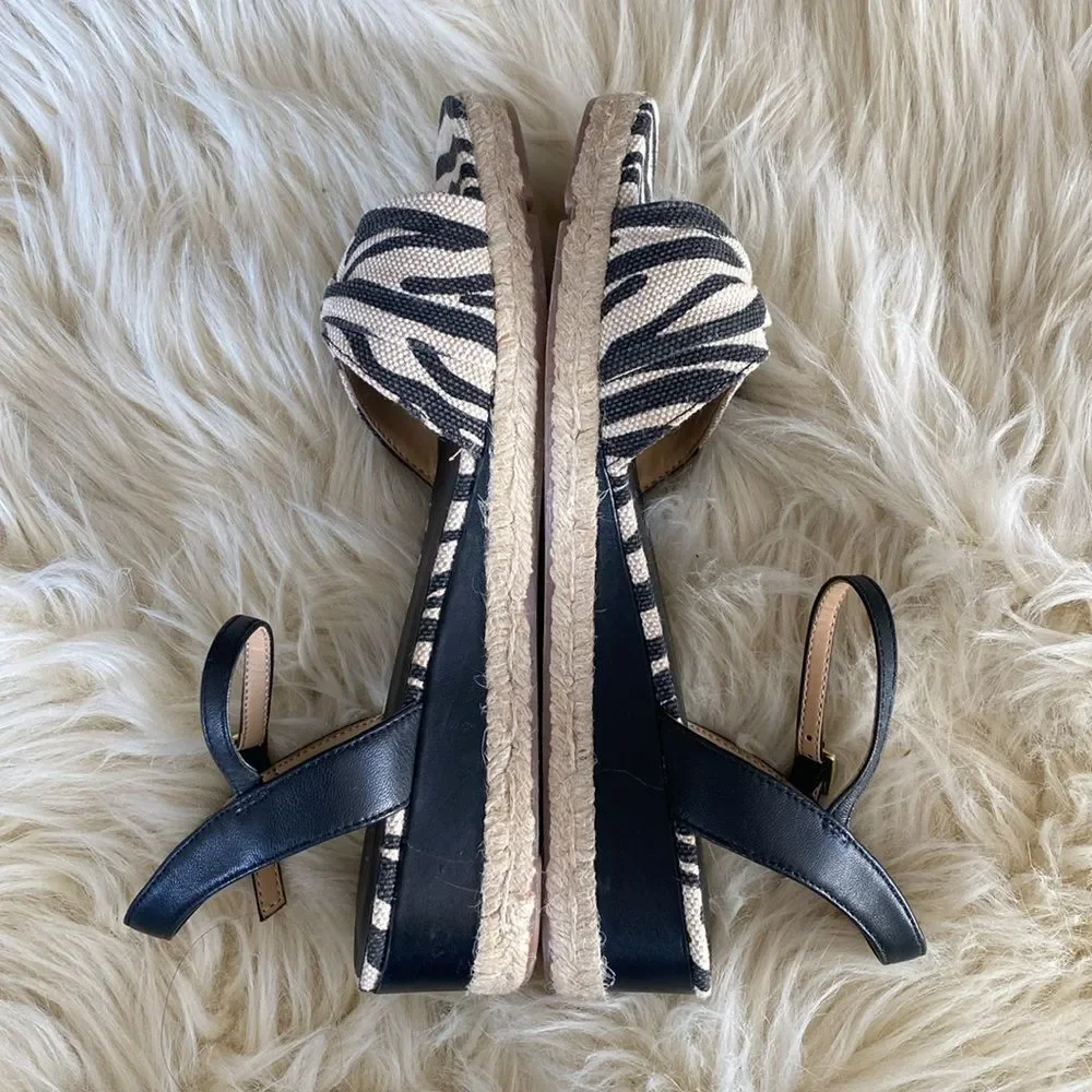Talbots Linen Black White Zebra Pattern Espadrille Wedges Sandal sz 8 Vacation